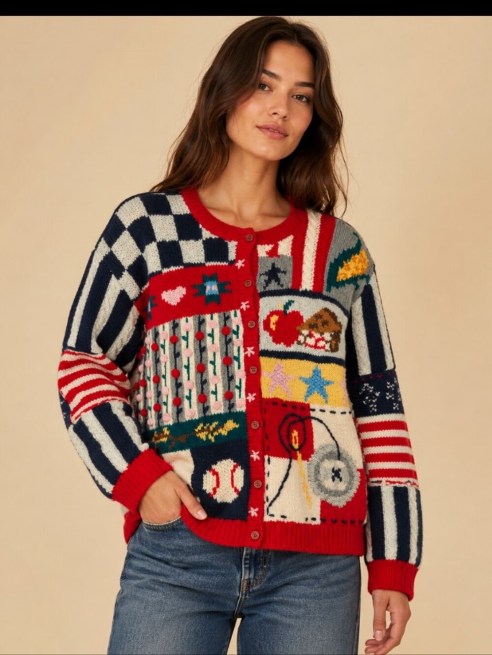 Vintage Eagle's Eye Americana Wool Grandma Cardigan Flag Elbow Patch Teacher